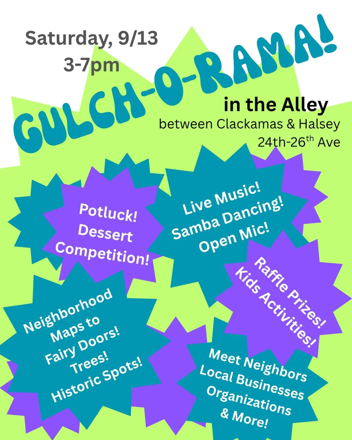Get down with us at Gulch-O-Rama this Saturday!! 🥁💃💚

The annual Sullivans Gulch block party will be from 3-7 in the Alleyway between NE Clackamas St and NE Halsey St at 24th and 26th. We will play at 6:15!