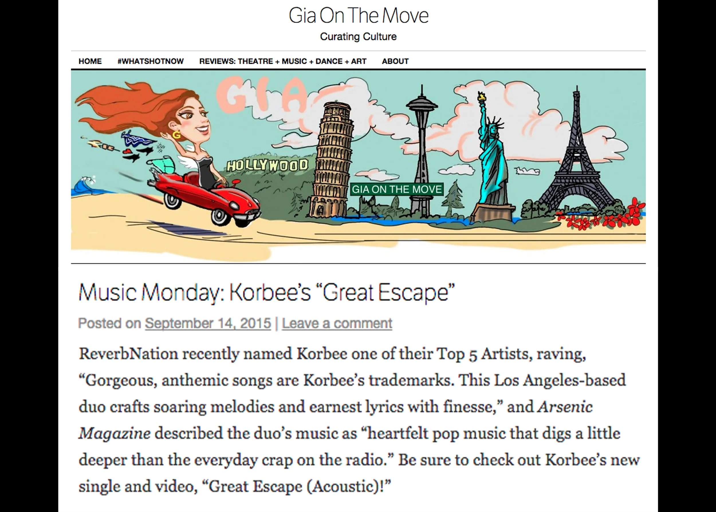 Gia on the Move features "Great Escape (Acoustic)" for Music Monday