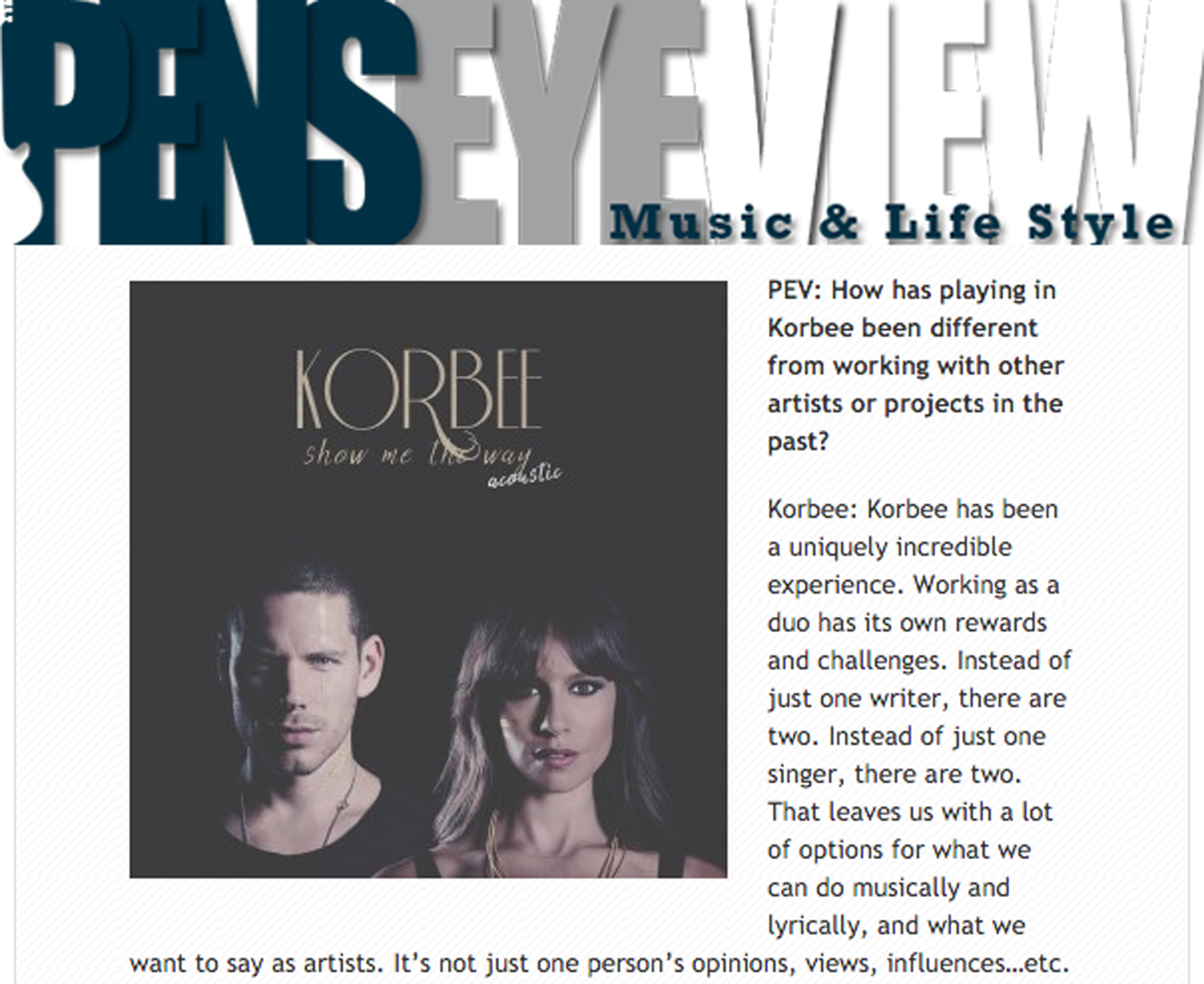Pen's Eye View interviews Korbee as their "Featured Artist"