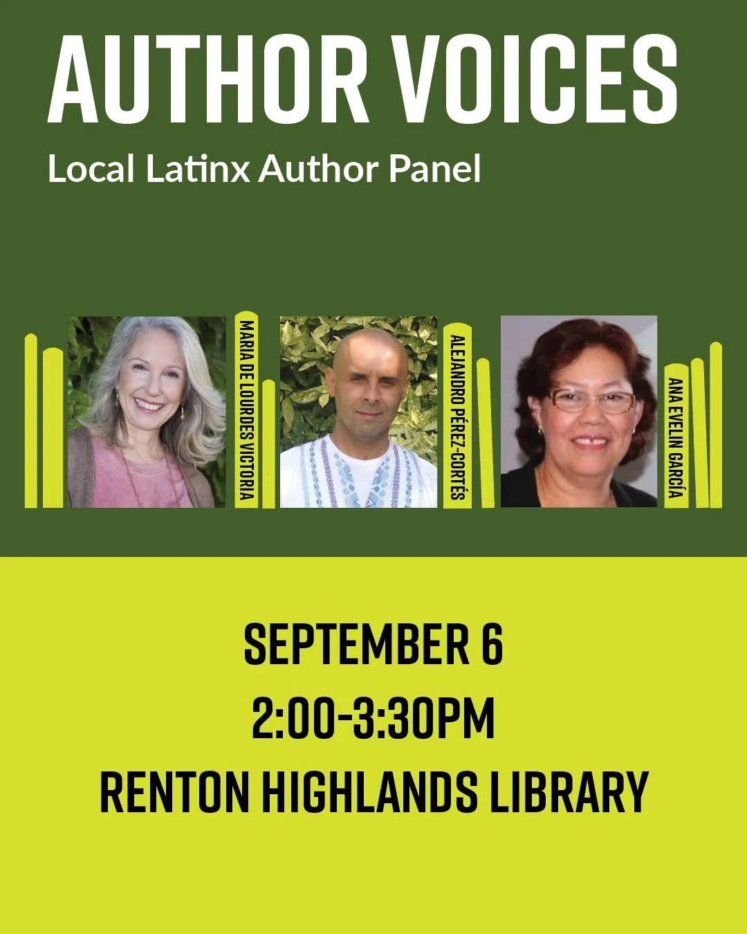 Recuerden, voy a compartir con autores locales en el panel: 𝗩𝗼𝗰𝗲𝘀 𝗱𝗲 𝗔𝘂𝘁𝗼𝗿𝗲𝘀 𝗲𝗻 𝗲𝘀𝗽𝗮ñ𝗼𝗹. Alejandro Pérez-Cortés y Ana Evelin Garcia Contreras  y la presidenta de Revista Seattle Escribe  será la moder