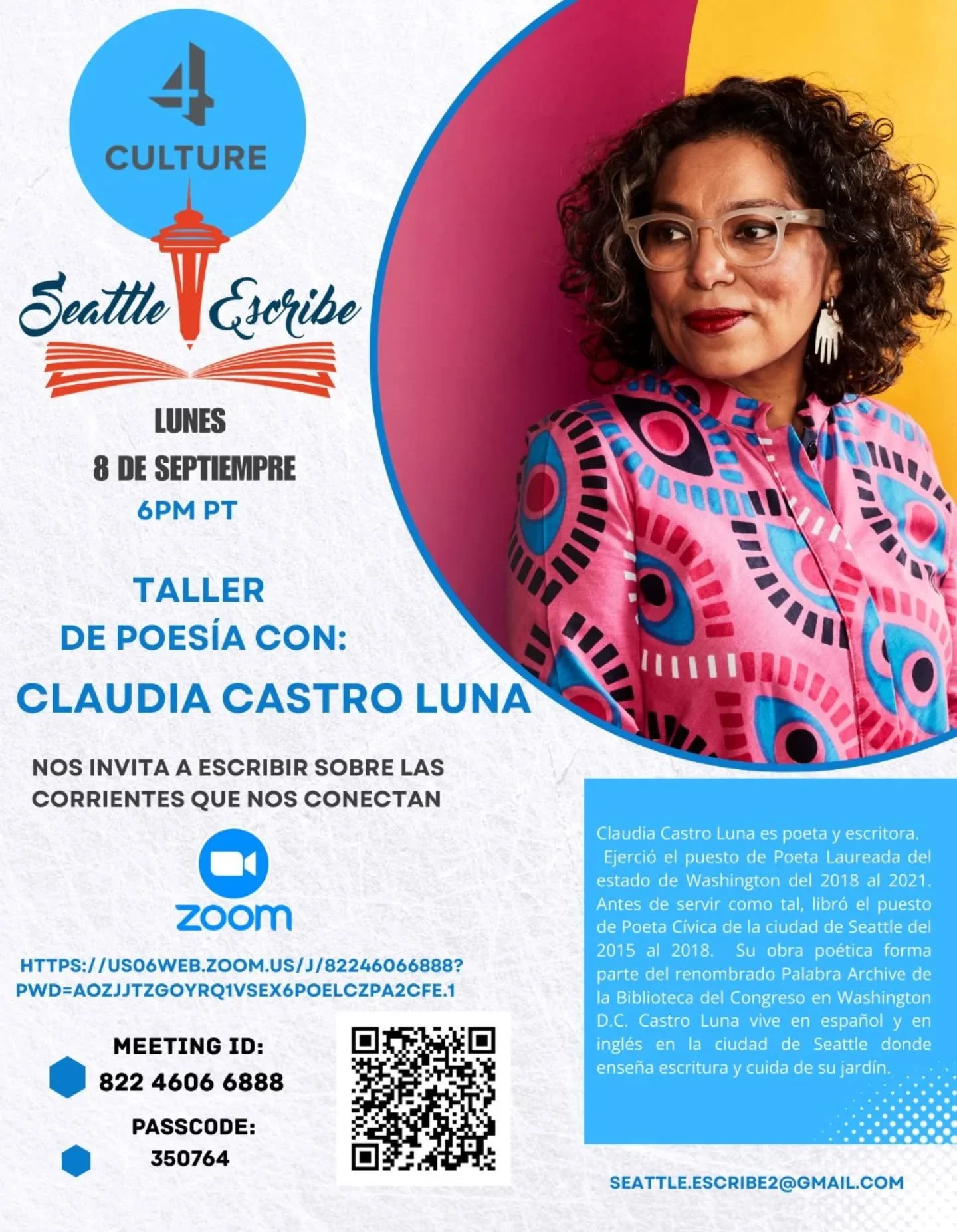 HOY - Imperdible taller organizado  @seattleescribe e impartido por la maravillosa poeta laureada @claudiacastroluna es GRATUITO. ¡Gracias Revista Seattle Escribe!