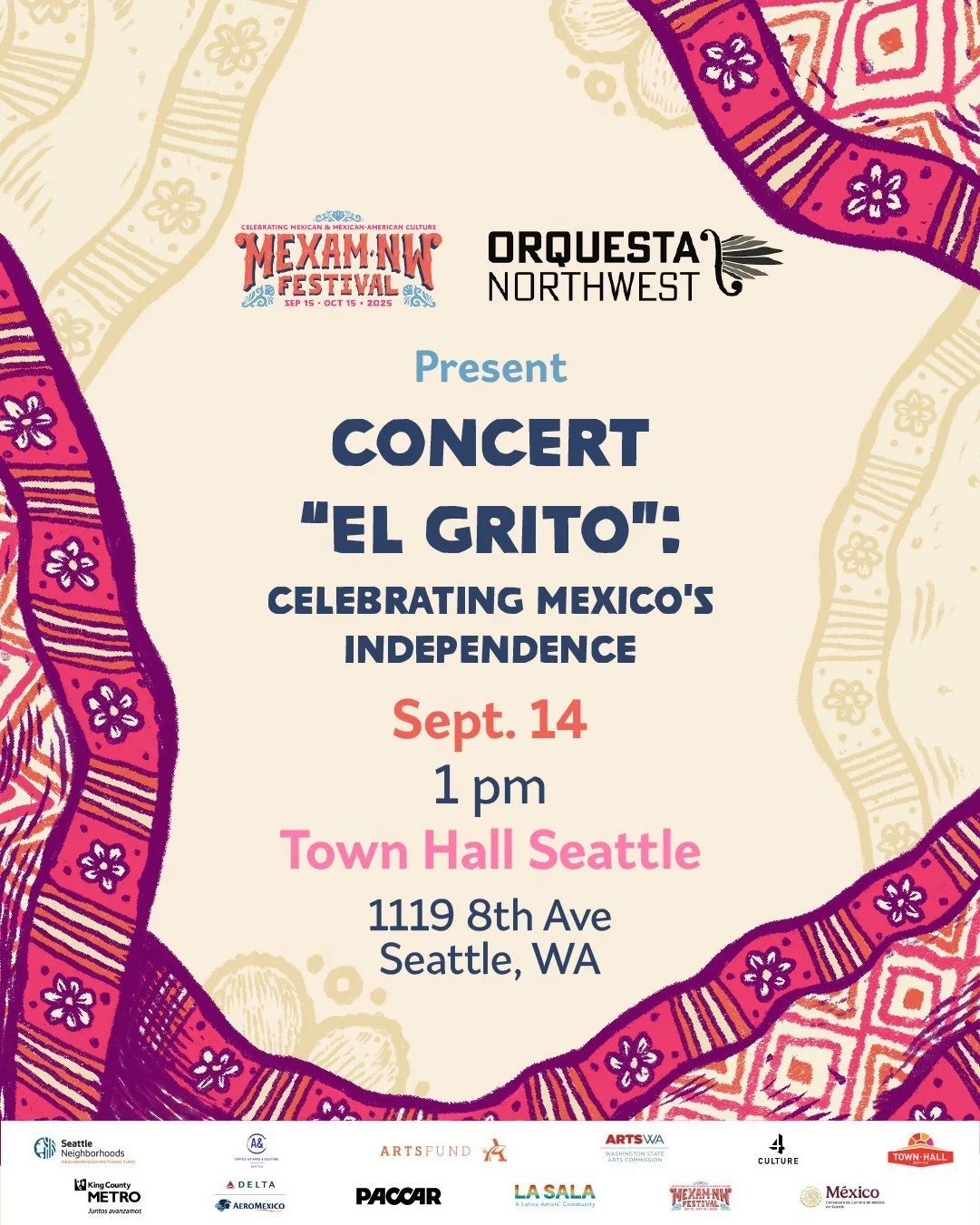 ¡No se van a arrepentir¡
Acompañen al Consulado de México en Seattle, Orquesta Northwest y MEXAM NW Festival en el Concierto “El Grito” 2025 el 14 de septiembre a la 1:00 p.m. en Town Hall Seattle para celebrar l