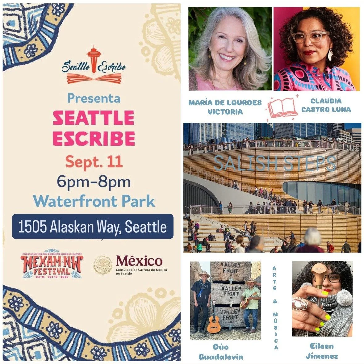 Agradecemos a Friends of Waterfront Park por invitarnos a participar en las actividades de los nuevos espacios públicos, destacando a nuestra comunidad de escritores. Así también a MEXAM Northwest Festival, Consulado de Mé