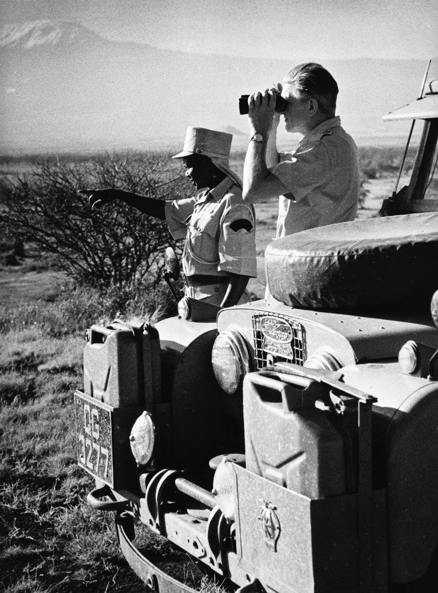 A park ranger points to where he last saw a large herd of elephants, Kenya 1954