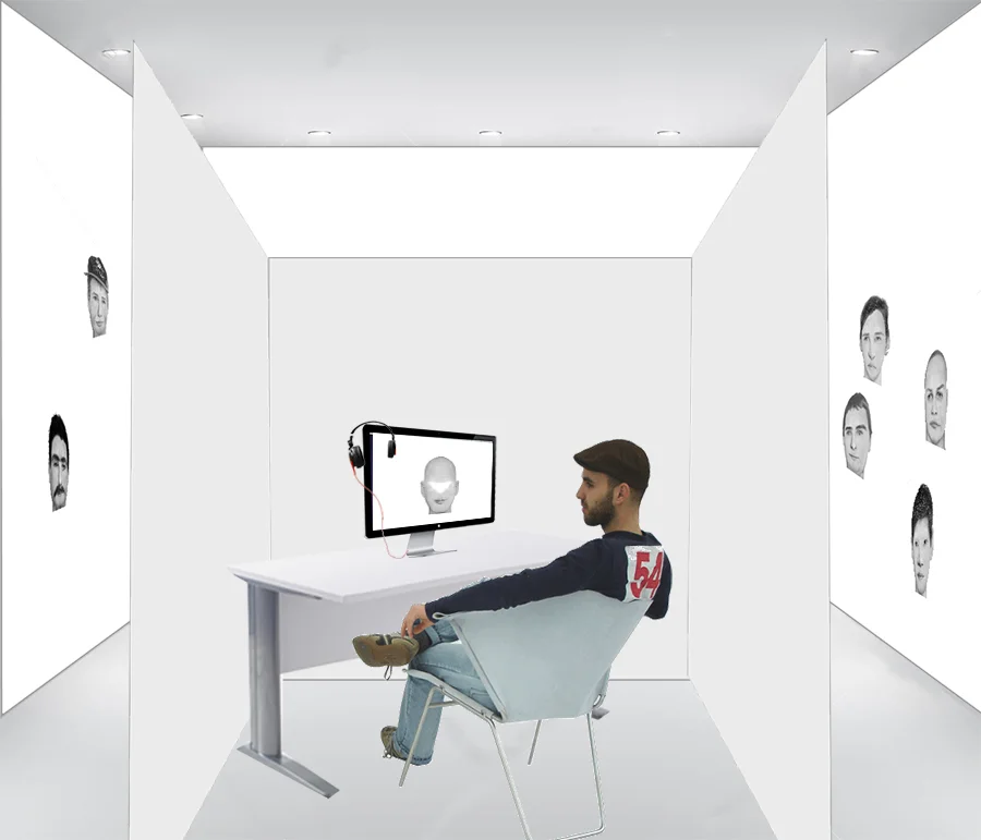Proposed cubicle for installation of "The Personal Ads". Cubicle, desk, computer with software program, headphones, audio files and printer with ability to print out final work from viewers.