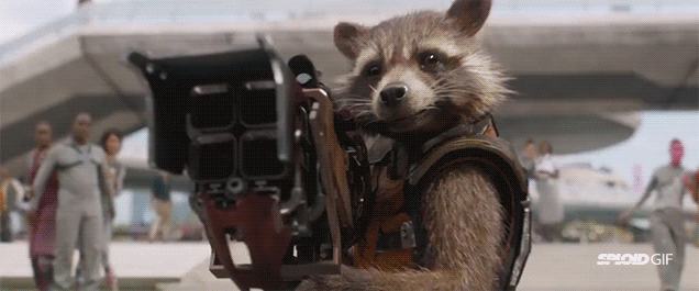 My personal favorite of the bunch is Rocket Raccoon, played by Bradley Cooper. Rocket is the master of cynicism and sarcasm. But he's also an in your face gun toting badass to boot.
