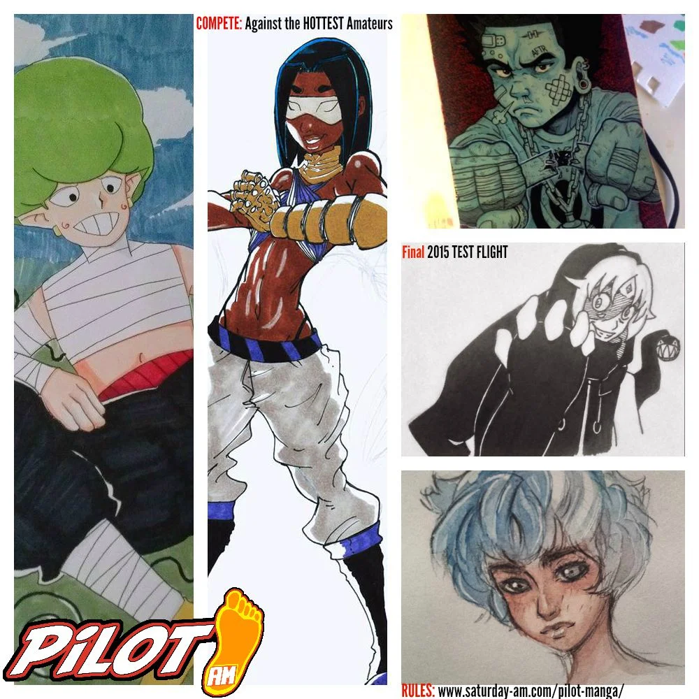 Artwork from members of PILOT Manga (Clockwise from left) - Kenshaw Michaud, Cthulu Hernandez, Brandon Treadway, Stephanie Snow Lewis and Noah Webster.