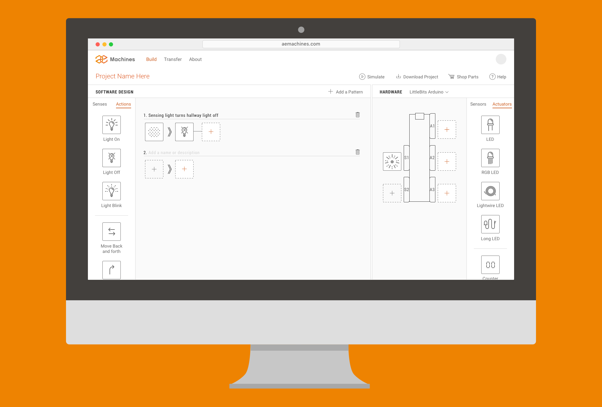 Responsive design - large screen version. Using the additional horizontal screen space, the primitive and hardware card palettes are moved to the outer edges with the content stacked vertically to better support browsing with the mouse scroll wheel.