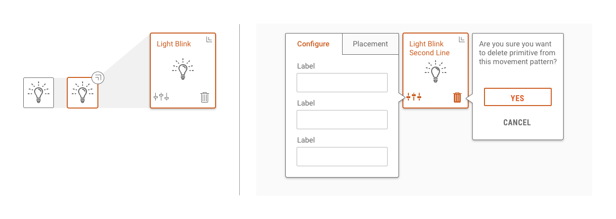 Defining the interaction of a card, showing the expansion when selected and the ability to configure and delete.