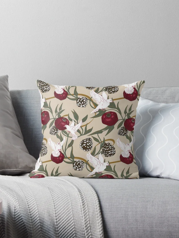 Winter Doves (on Beige) | Throw Pillow