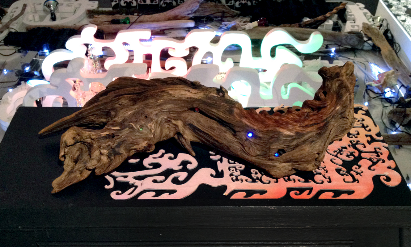   Untitled (Driftwood Strobe) , 2013 hand-carved driftwood treated with mineral oil, LED lights that strobe in response to light levels approx.&nbsp;8 x 22 x 8 inches&nbsp; 
