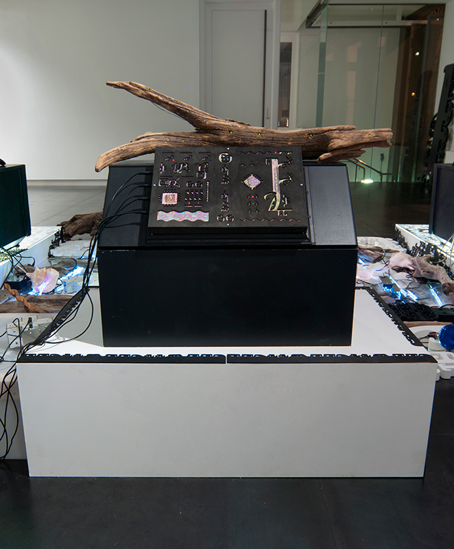 Controller Station (Touch Panel) , 2013 12 x 18 x 4 inches, electronics, digital print, laser-cut wood. Speakers, box stand and attached equipment not included.