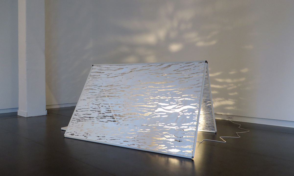 When the Cathedrals Were White , 2013 graphite on polypropylene, mattress, lamp 40 x 66 x 45 inches