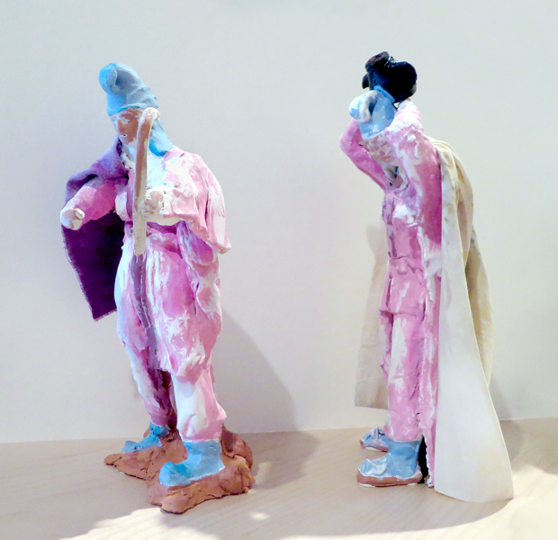   Fighting Amazons,  2014 terracotta with pigmented slip, fabric 11 x 6 x 4 inches, 12 x 4.5 x 4.5 inches  Courtesy the artist, Ambach &amp; Rice, and Disjecta Contemporary Art Center 
