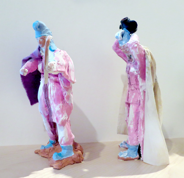Fighting Amazons, 2014 t e rracotta with pigmented slip, fabric 11 x 6 x 4 inches, 12 x 4.5 x 4.5 inches