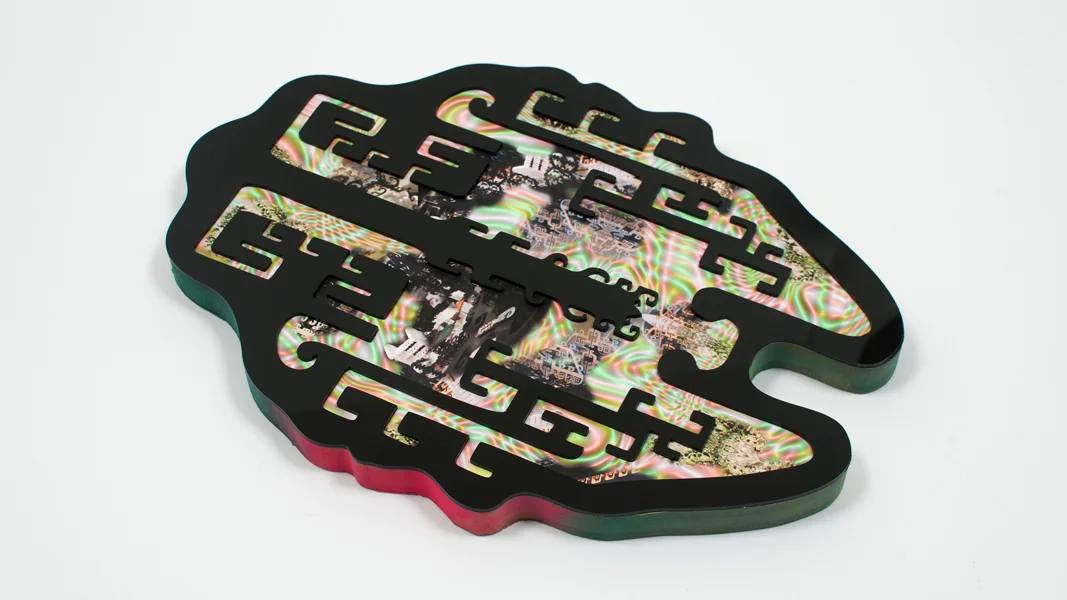 Untitled (Garland~Terraform) , 2014 plexiglass, digital print, MDF, paint 17.5 x 12 x 1.25 inches