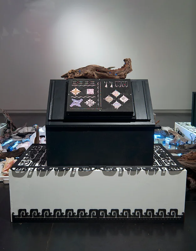 Untitled (Touch Panel) , 2013 (installation view) Does not include driftwood, amp box, or decorated pedestal.