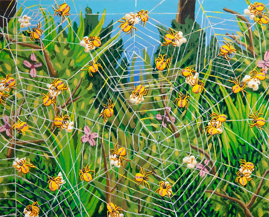 Spiders Eating Popcorn , 2014 acrylic on panel, 16 x 20 inches