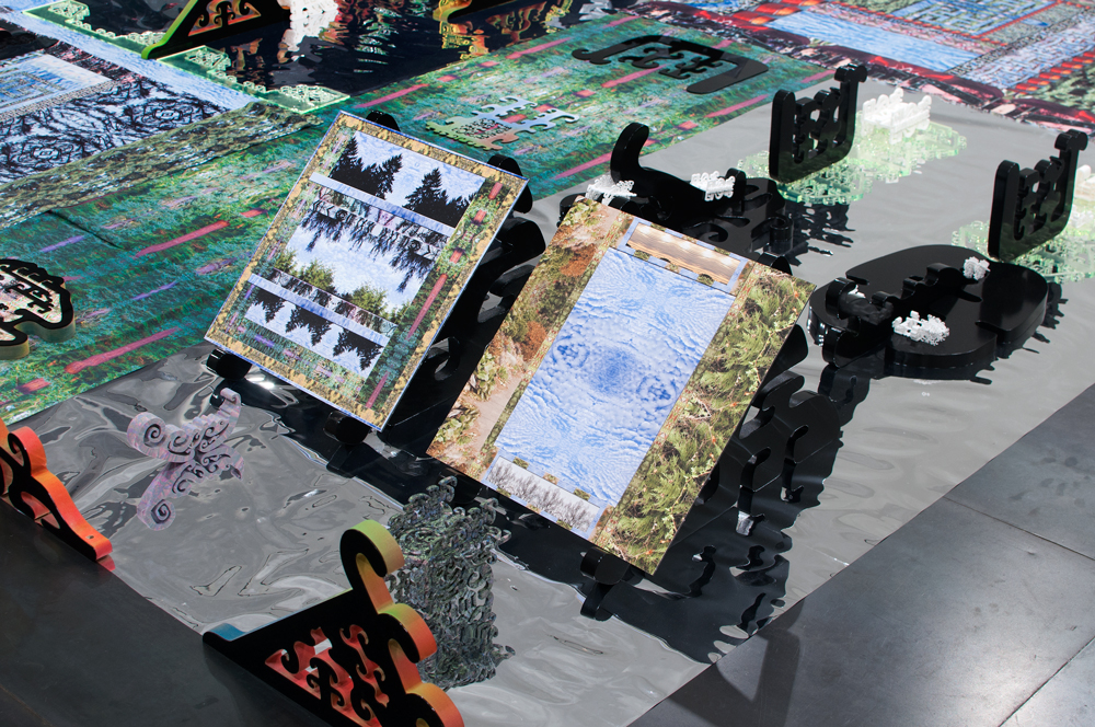Central~Lattice Tool Array (detail), showing cradled prints Sky Choir (left) and Setter Presence (right) by Brenna Murphy