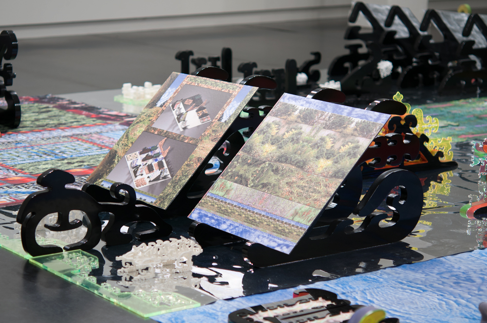 Central~Lattice Tool Array (detail), showing cradled prints Embedded Scape (left) and Facial Array (right) by Brenna Murphy