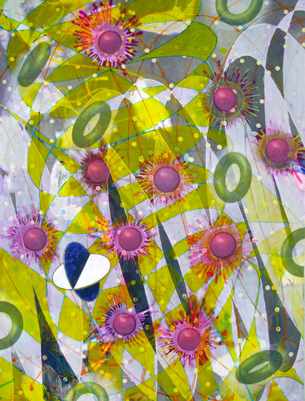 The Quatrefoil's Journey , 2014 16 x 12 inches, ink, acrylic paint, inkjet prints on illustration board mounted to Sintra SOLD