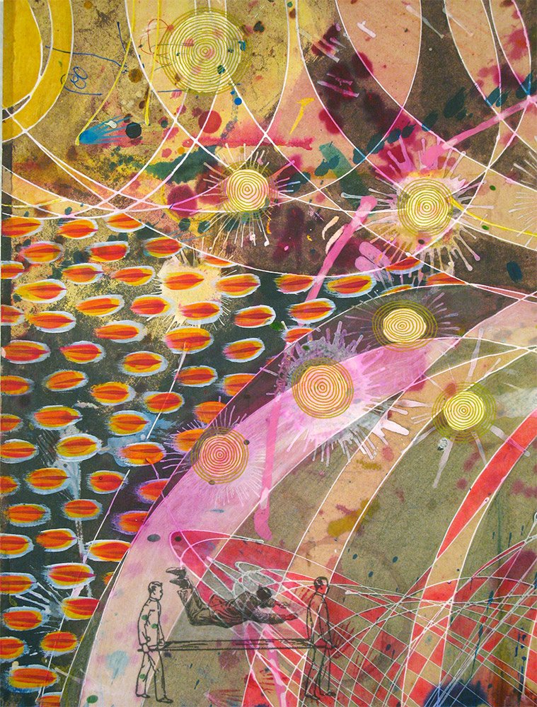 Small Blue Comet , 2014 16 x 12 inches, ink, acrylic paint, inkjet prints on illustration board mounted to Sintra