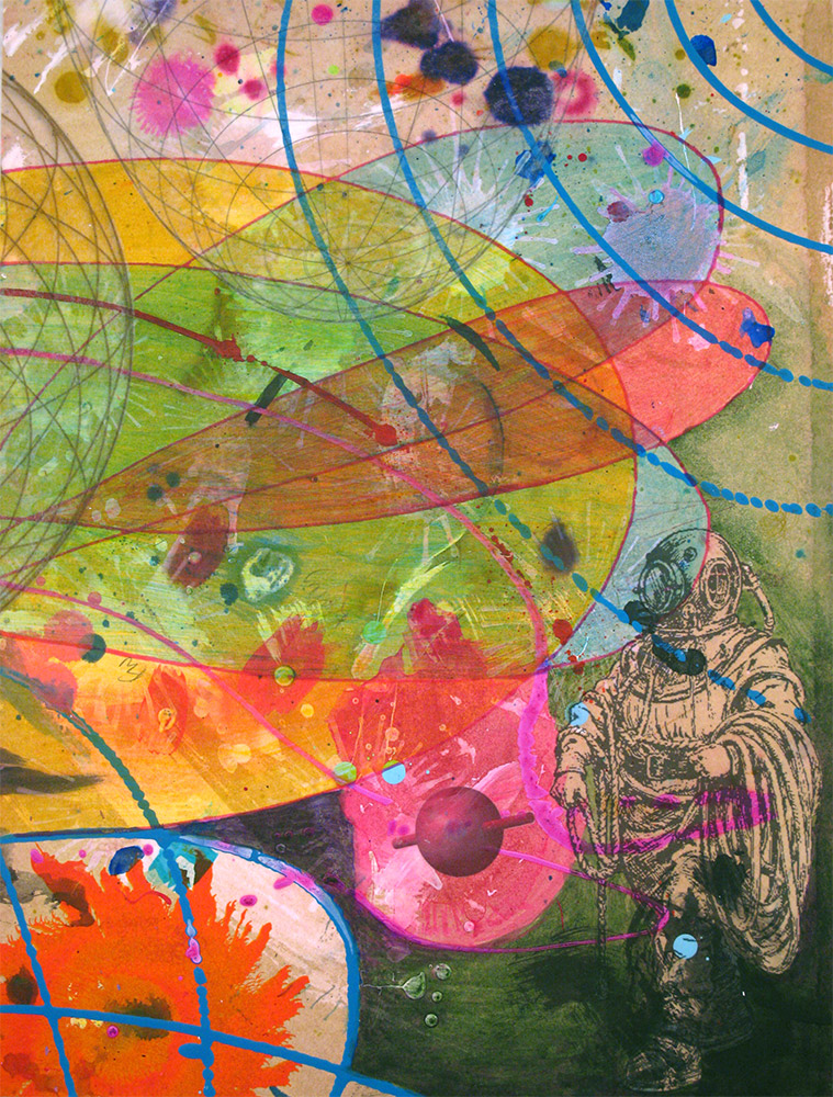 The Diver's Discovery , 2014 16 x 12 inches, ink, acrylic paint, inkjet prints on illustration board mounted to Sintra