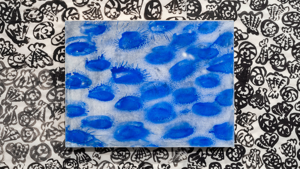   My New Blue Friend Number Two , 2015 airbrushed egg tempera on wood panel 12 x 16 inches 