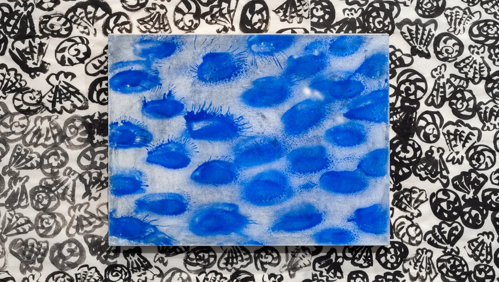 My New Blue Friend Number Two , 2015 airbrushed egg tempera on wood panel 12 x 16 inches