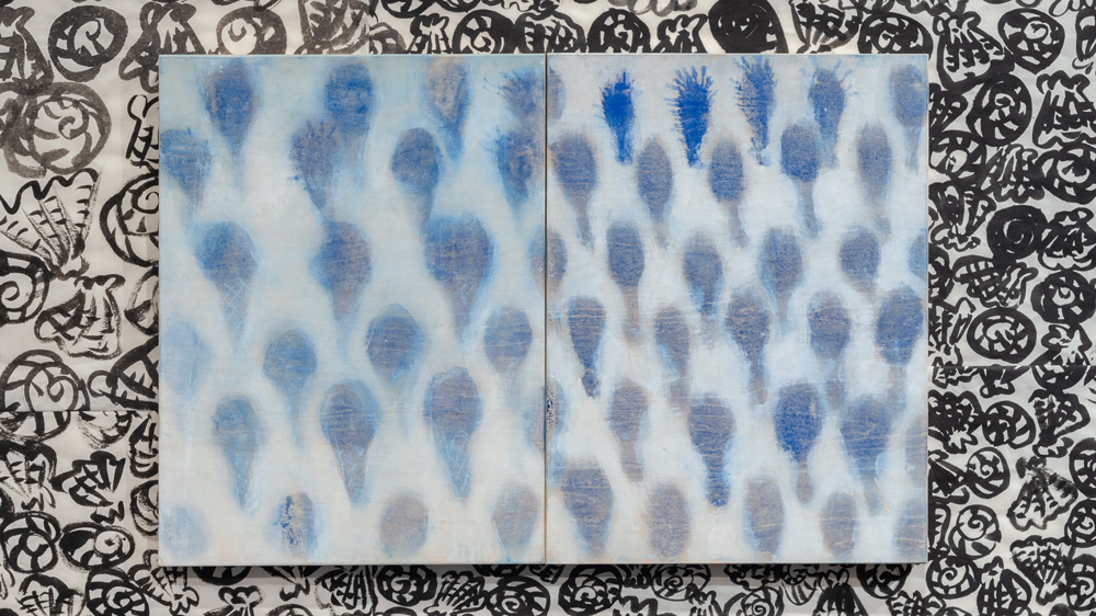   My New Blue Friend Number Seven  and  Eight , 2015 airbrushed egg tempera on wood panel 16 x 24 inches (diptych) 