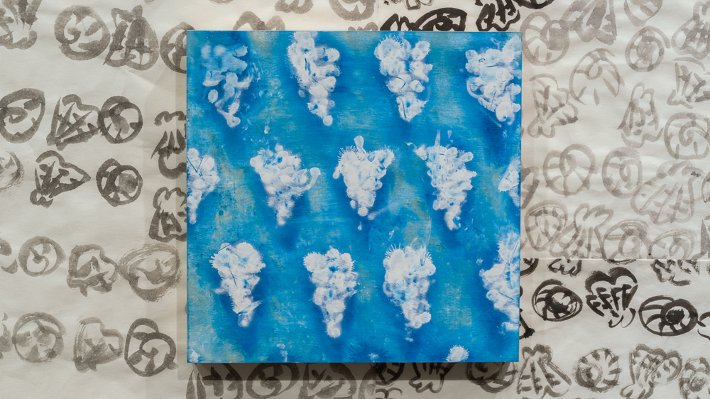   My New Blue Friend Number Ten , 2015 airbrushed egg tempera on wood panel 12 x 12 inches 