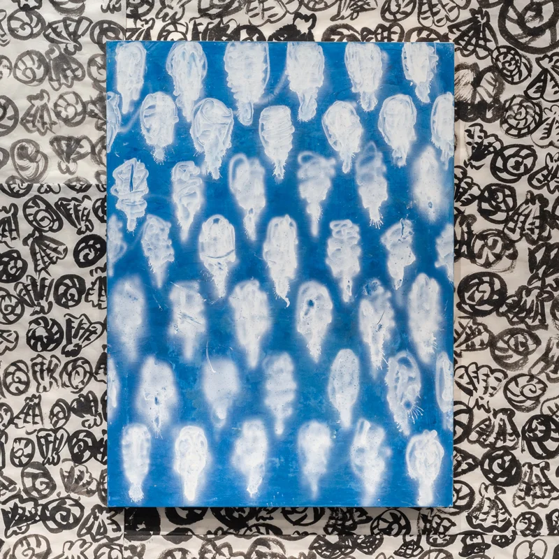 My New Blue Friend Number Twelve , 2015 airbrushed egg tempera on wood panel 24 x 18 inches