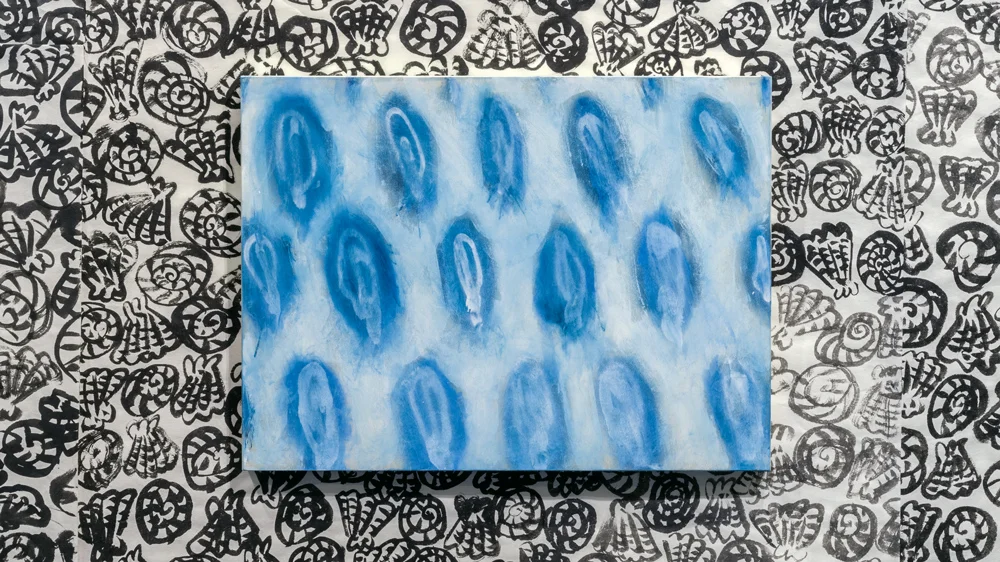 My New Blue Friend Number Fourteen , 2015 airbrushed egg tempera on wood panel 12 x 16 inches