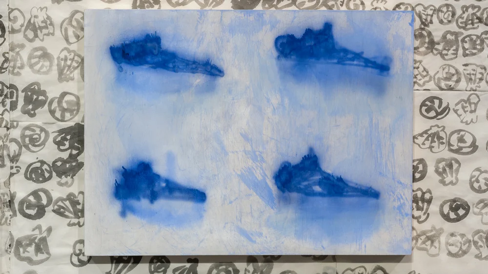 My New Blue Friend Number Twenty , 2015 airbrushed egg tempera on wood panel 18 x 24 inches