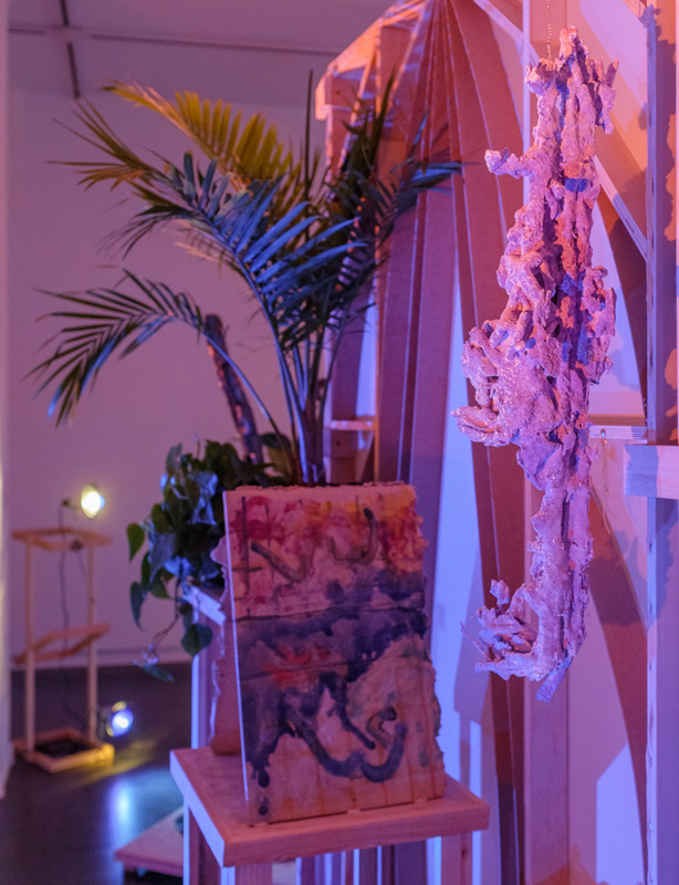   Jorunn Hancke Øgstad   Two Without Titles , 2016,&nbsp;glazed ceramic slabs, 19 x 13 x 12 inches   Sofia Londoño   Untitled , 2016;&nbsp;camo netting, Hydrocal, gentian violet, ink; 29 x 5 x 7 inches 