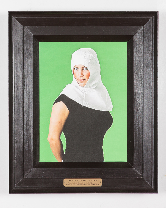 Woman with Tyvek® hood , 2016 digital print on canvas, frame, brass plaque 19 x 23 x 3 inches