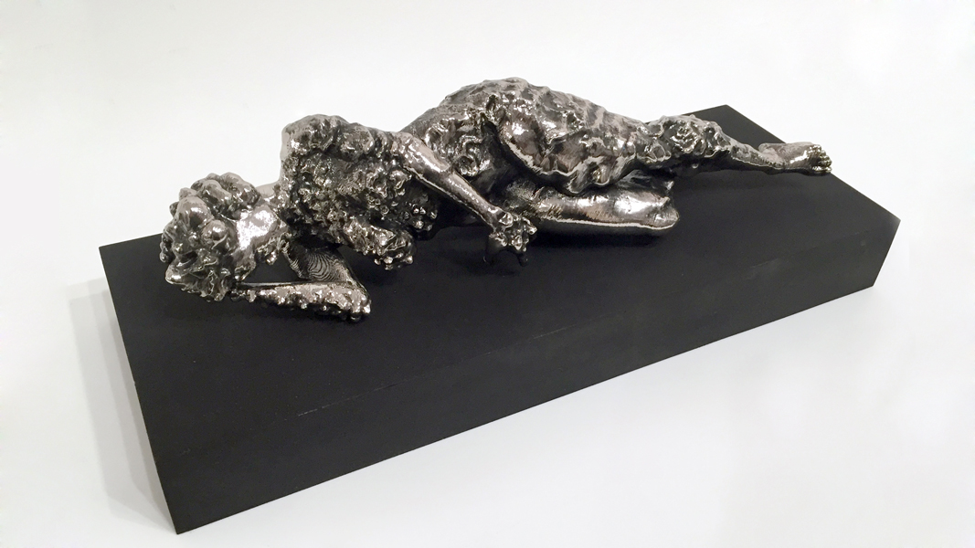 Kryptonite Mortification 04 , 2007-2016 chromed ABS plastic 3D-printed sculpture on cast black rubber pedestal 6 x 8 x .75 inches (figure only)