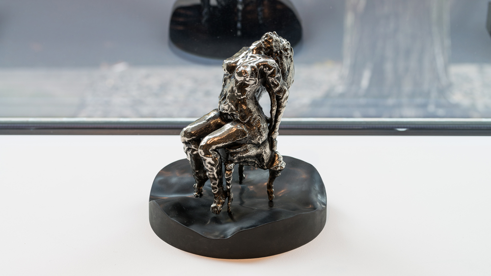   Kryptonite Mini Mortification , 2010-2016 chromed ABS plastic 3D-printed sculpture on cast black rubber pedestal 6 x 3 x 4.5 inches (figure only) 