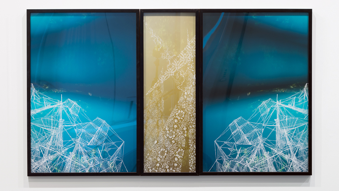 The Falls III (Triptych) , 2015 pigment print scratched with a razor 36 x 60 inches
