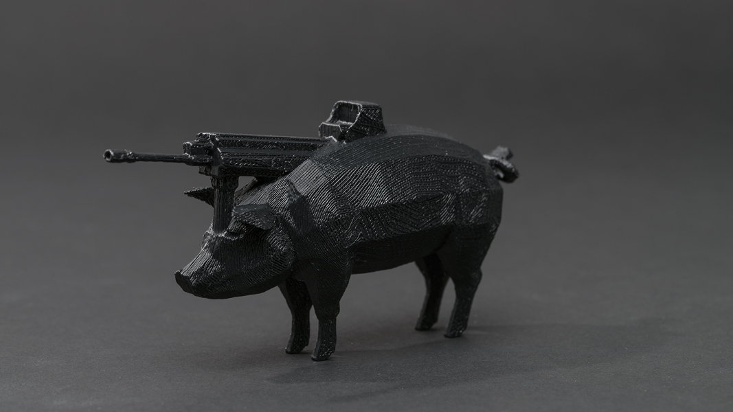 Dark Matter (First Series): #pig #gun , 2013 3D printed plastic, 4 x 8 x 2 inches (approx.) edition of 5 plus 1 AP photo by Mario Gallucci