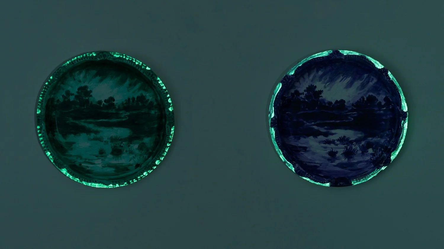 No, Yes (I Won’t Wear and Azure Wish #102) , 2017 acrylic, day-glow paint and nail polish on Chinet paper plate 10.25 x 10.25 x 1 inches (each)