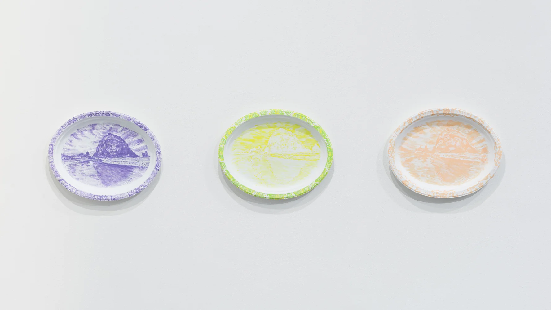 left to right: Dog Blue from Ducol Organics , Radium Girls , Live in Romance each: 2017, acrylic and day glow paint on gessoed Chinet platter, 10 x 12.75 x .25 inches