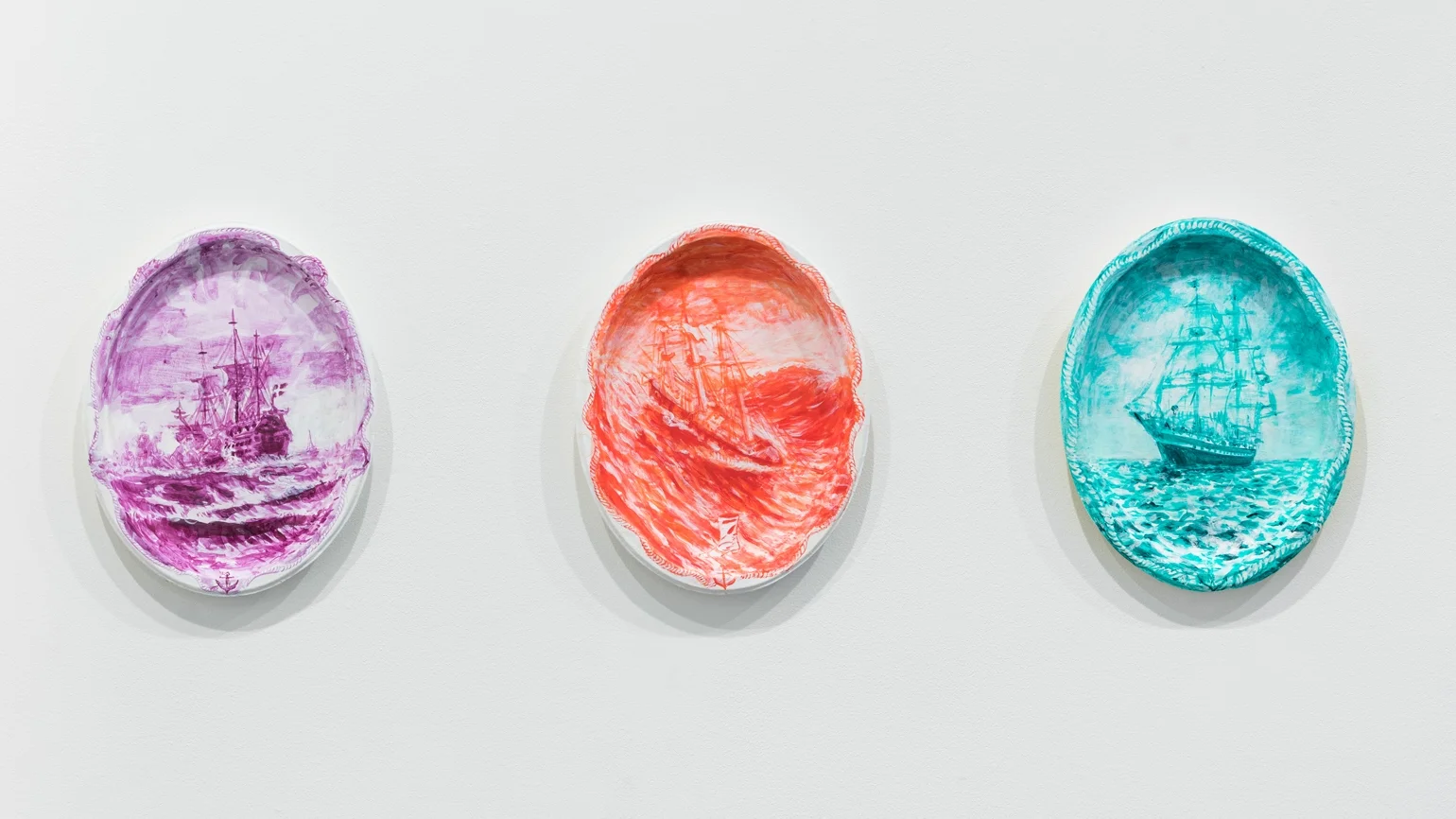 left to right: Wrong Outfit: Vintage Mini , Too Tall , Wrong Outfit: Julie Green Bean each: 2017, acrylic and day glow paint on gessoed Chinet platter, 12.75 x 10 x .25 inches