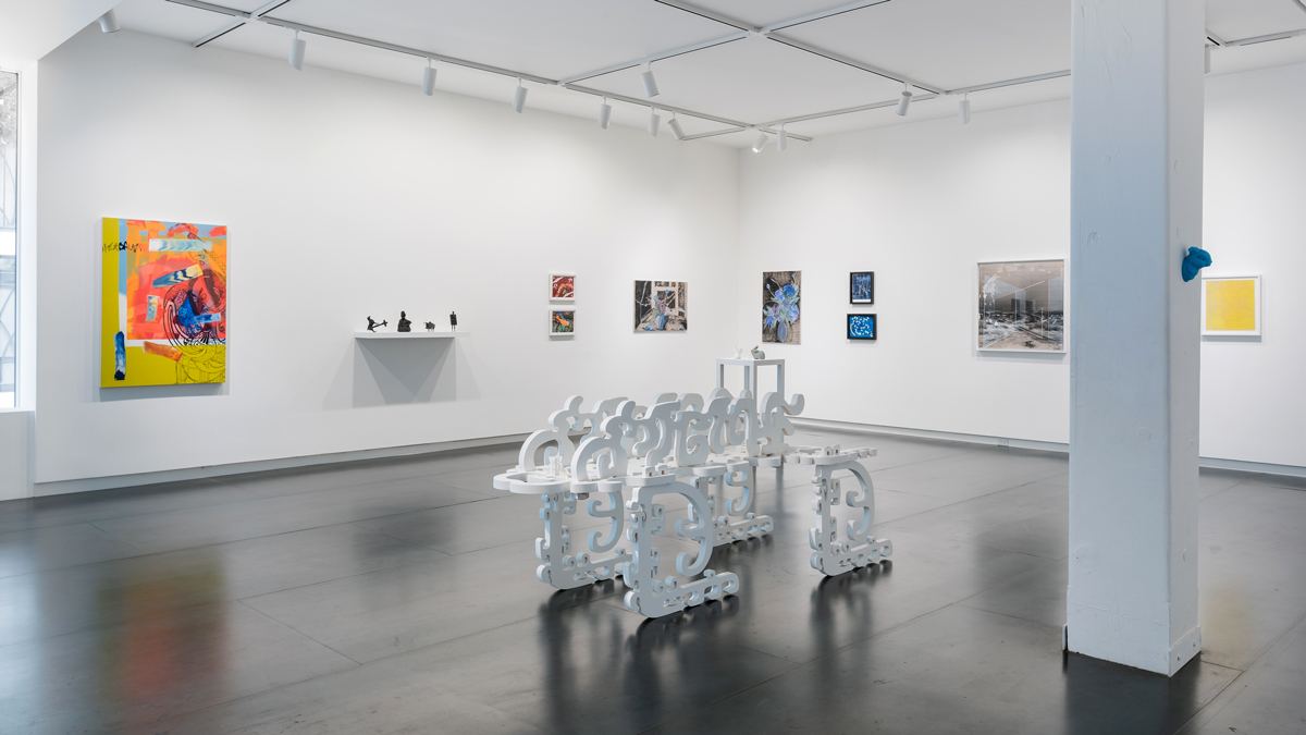  artists, left to right: Jack Featherly, Morehshin Allahyari, Ralph Pugay, Srijon Chowdhury, Rodrigo Valenzuela, Laura Vandenburgh, Heidi Schwegler (on column), Brenna Murphy (on floor) 