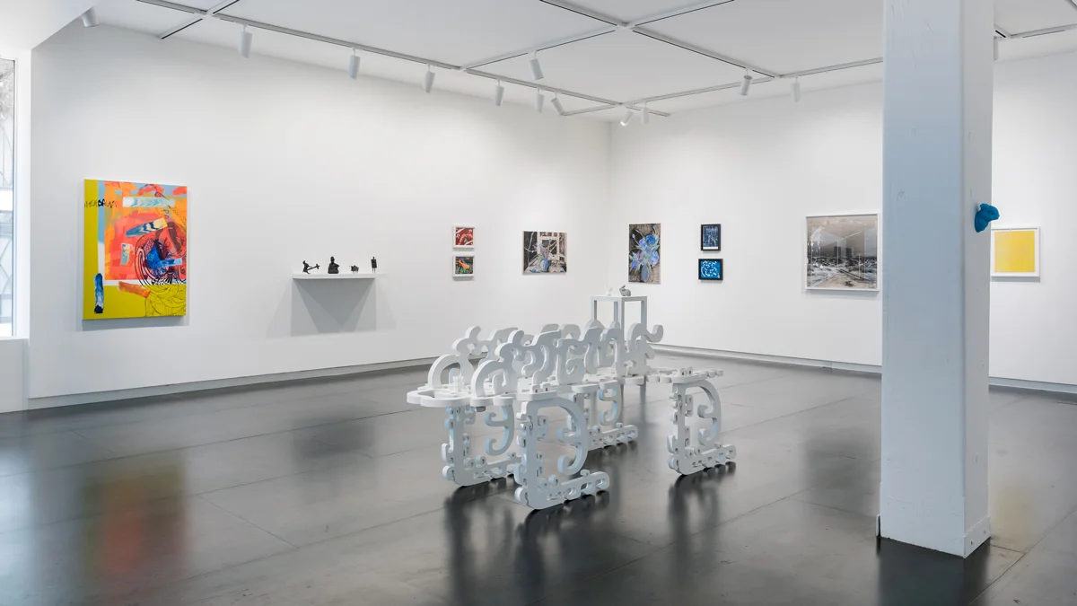 artists, left to right: Jack Featherly, Morehshin Allahyari, Ralph Pugay, Srijon Chowdhury, Rodrigo Valenzuela, Laura Vandenburgh, Heidi Schwegler (on column), Brenna Murphy (on floor)