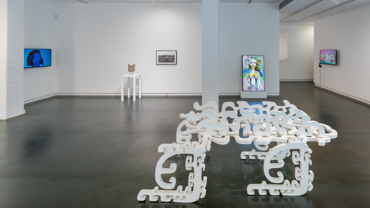  artists, left to right: Kris Graves, Michelle Grabner, Zun Lee, Katie Torn, Jordan Rathus and Jeremy Couillard, Brenna Murphy (on floor) 