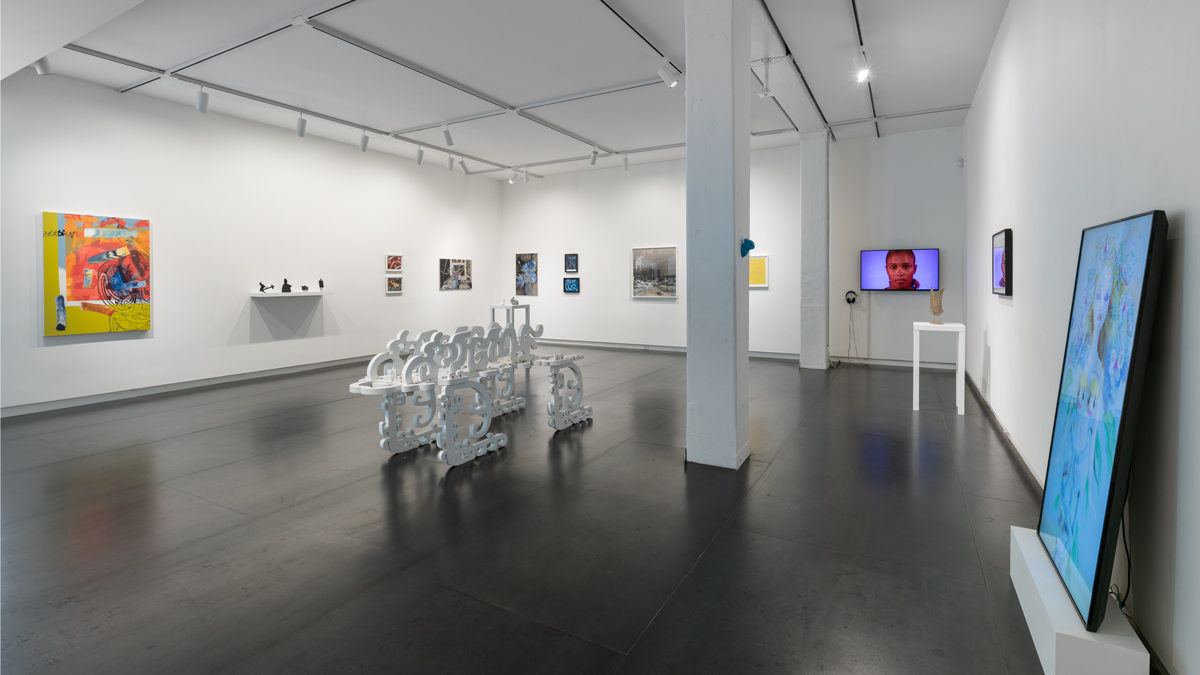  artists, left to right: Jack Featherly, Morehshin Allahyari, Ralph Pugay, Srijon Chowdhury, Ronny Quevedo, Rodrigo Valenzuela, Heidi Schwegler (on column), Laura Vandenburgh, Kris Graves, Michelle Grabner (on pedestal), Zun Lee, Katie Torn, Brenna M