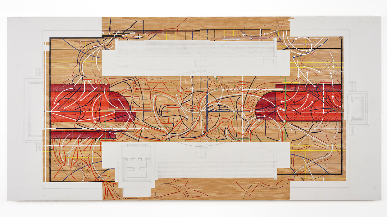 ULAMA-ULE-ALLEY OOP , 2017 enamel, silver leaf, vinyl and pencil on Mylar on panel 42 x 84 inches