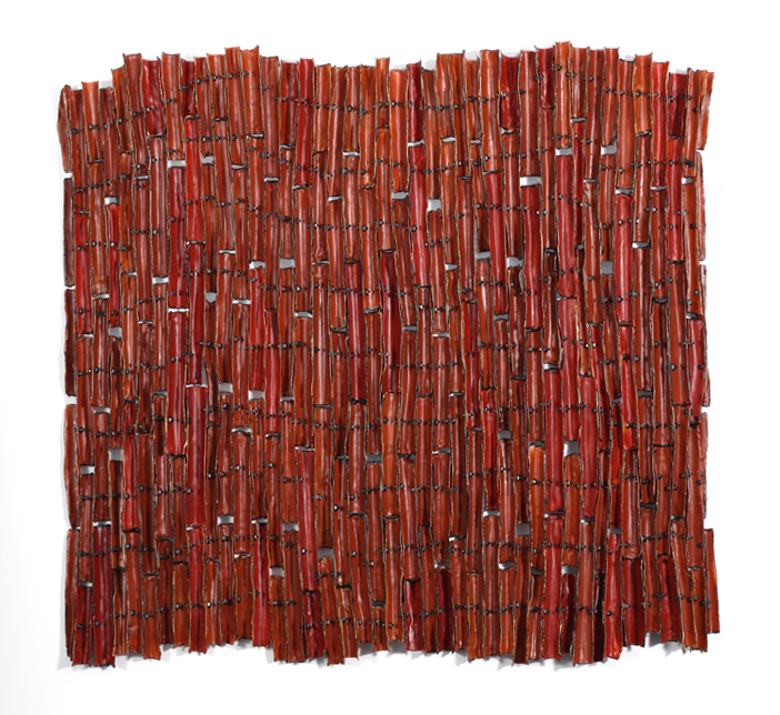 Porous Borders - Red , 2012 waxed cloth, nuts, bolts, welded steel 33 x 33 x 3 inches