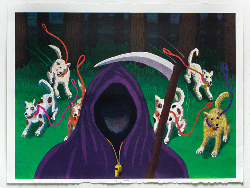 Dogs and Death , 2018 screenprint on Canson edition paper 22 x 30 inches, edition of 10 created while artist-in-residence at Atelier Circulaire, Montreal
